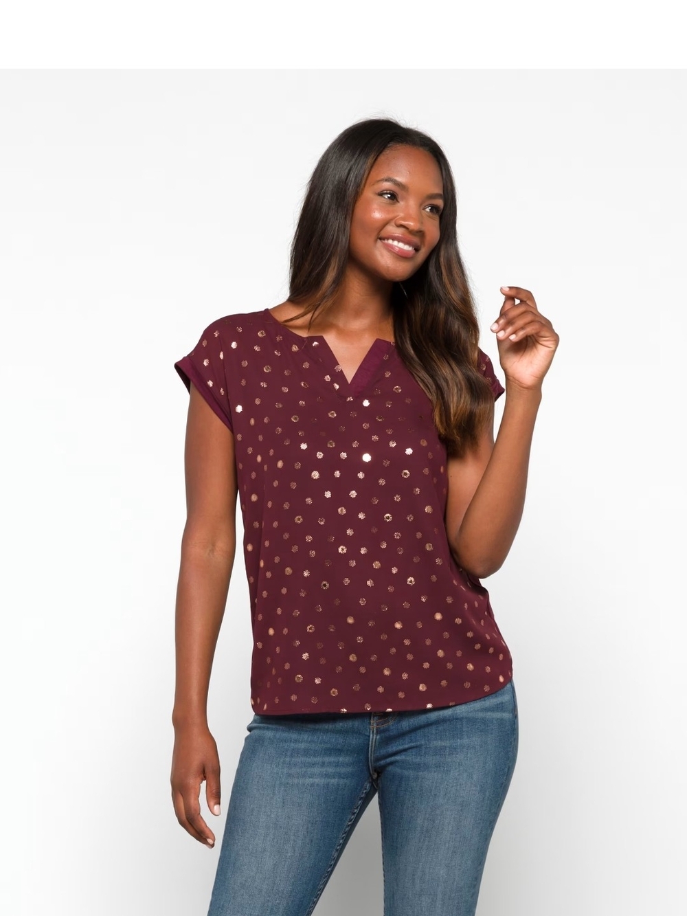 Papermoon Burgundy Short-Sleeve V-Notch Top with Metallic Dots
